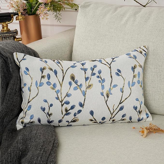 YOUR SMILE Classical Embroidery Jacquard Blue Square Decorative Throw Pillow Case Cushion Cover,12x20 inch-Ruum Studio Home