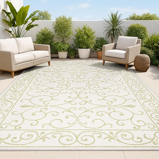 JONATHAN Y Vintage Filigree Indoor Outdoor Area Rug 5X8 Cream/Green, Charleston Textured Weave for Backyard, Patio, Porch, Easy-Cleaning, High Traffic, Pet-Friendly, Non-Shedding (SMB106I-5)-Ruum Studio Home