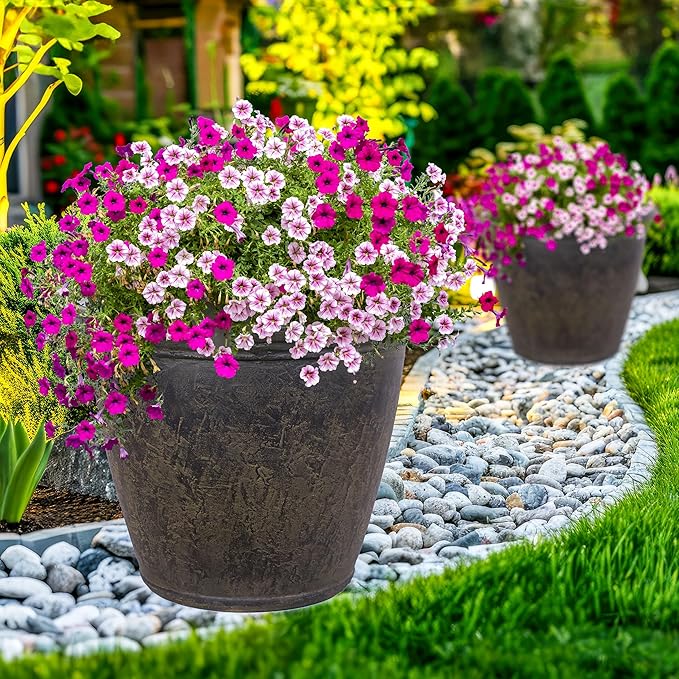 Sunnydaze 24-Inch Anjelica Large Plastic Pot for Plants - Outdoor Polyresin Round Planter with Drillable Drainage Holes - Sable - 4pk-Ruum Studio Home