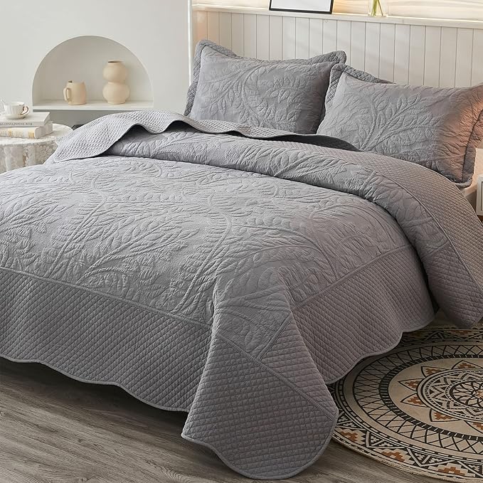MarCielo 3-Piece 100% Cotton Oversized Bedspread Lightweight Quilt Coverlet Embroidery Farmhouse Bedding Set T0 (Light Grey, Oversized Queen (100"x106"))-Ruum Studio Home