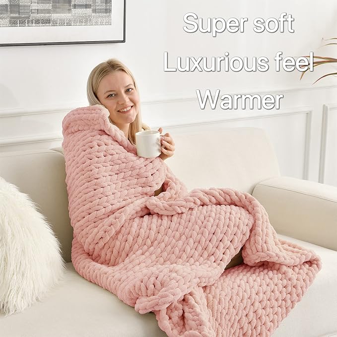 Maetoow Tighter Chenille Chunky Knit Blanket Throw 60×80 Inch, Handmade Warm & Cozy Blanket Couch, Bed, Home Decor, Soft Fleece Banket, Boho Thick Blankets and Giant Yarn Throws, Rose Pink-Ruum Studio Home