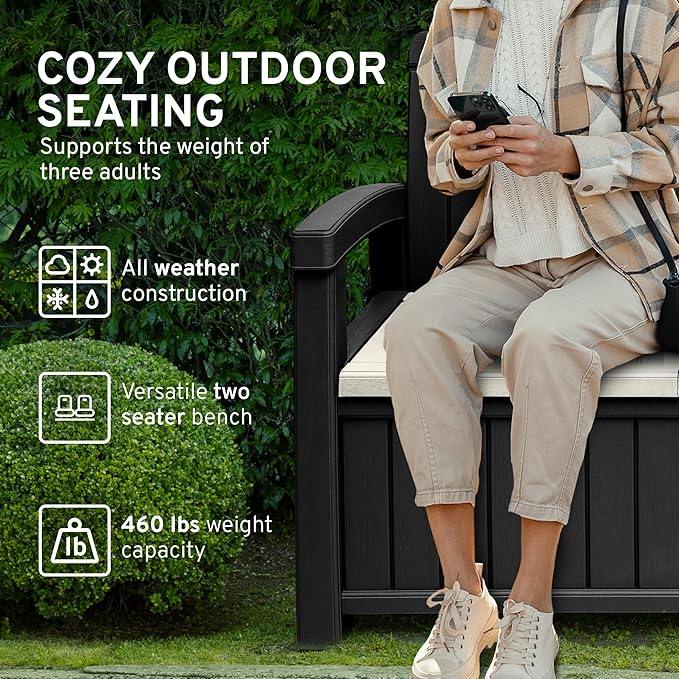 EconoHome 2 Seat Outdoor Storage Bench with Rain Cover - 60 Gallon Capacity - Weatherproof Resin Bench for Patio, Porch, Garden, Yard, Pool Area - Furniture for Pool Accessories, Gardening Tools-Ruum Studio Home