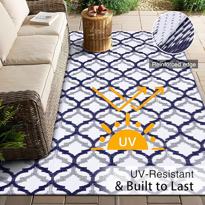OLANLY Reversible Outdoor Rug 5x8 ft Clearance, Waterproof Outdoor Plastic Straw Rug with Interlacing Pattern, RV Mat for Patio, Camping, Balcony, Deck, Backyard, Navy & White-Ruum Studio Home