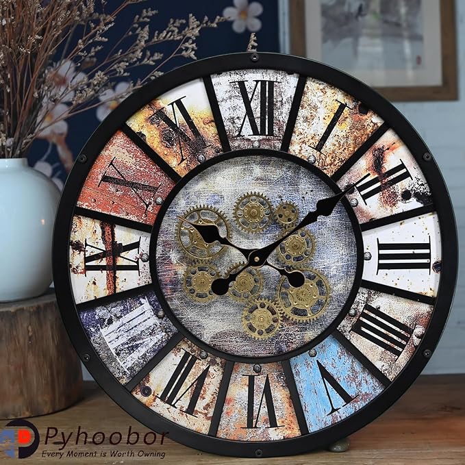 Unique Moving Gear Extra Large Wall Clock 21"-Battery Powered. Retro Industrial Steampunk Country Farmhouse Decor for Living Room, Kitchen,Bars, Restaurants, cafes, Offices(Black- 21")-Ruum Studio Home