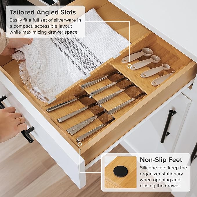 Premium Cutlery, Flatware, and Silverware Drawer Organizer – Slanted 3-Compartment Design with Labeled Slots, Non-Slip Feet, 100% Sustainable Bamboo-Ruum Studio Home
