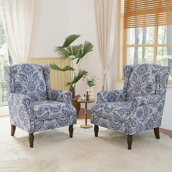 Lumibee High Back Accent Chair Set of 2, Armchair in Fabric,Comfy Upholstered Wingback Single Sofa Reading Chairs with Solid Wood Legs for Living Room,Bedroom,Office-Navy-Ruum Studio Home