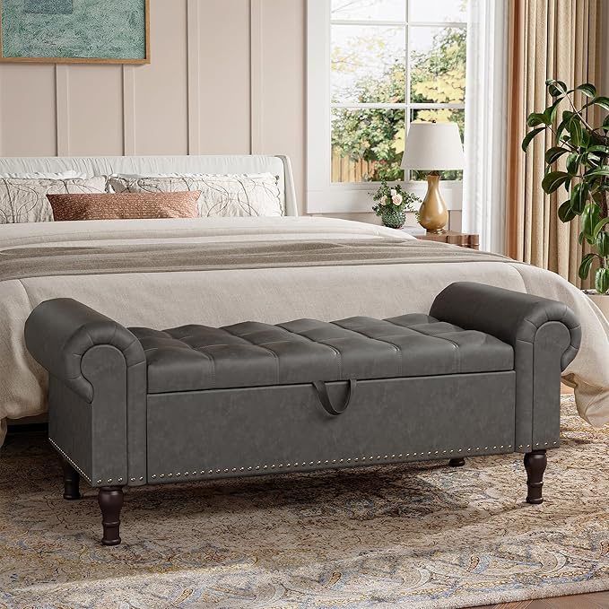 Storage Bench for Bedroom, 51" Full Queen Storage Bench, Upholstered Bedroom Bench with Rolled Arms and Vintage Rivets for Living Room, Storage Room, Entryway, Gray-Ruum Studio Home