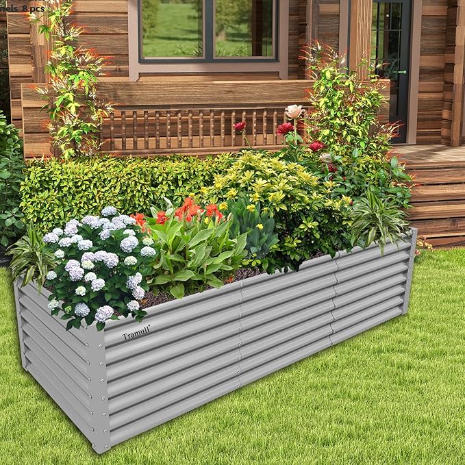 1 Pack 8x3x2FT Galvanized Raised Garden Bed Kit Retangular Metal Ground Planter Box Outdoor Bottomless Planter Raised Beds for Vegetables Flowers Herbs Fruits, Gray-Ruum Studio Home