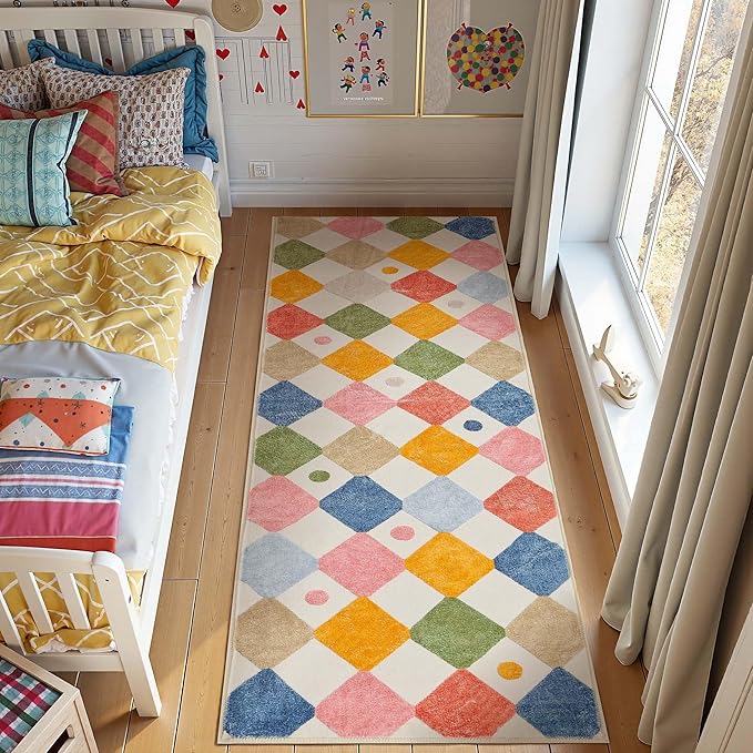 jinchan Runner Rug 2x5 Kids Hallway Washable Rug Indoor Soft Non Slip Modern Diamond Carpet for Nursery Room Bedroom Kitchen Laundry Room Circus on Cream-Ruum Studio Home