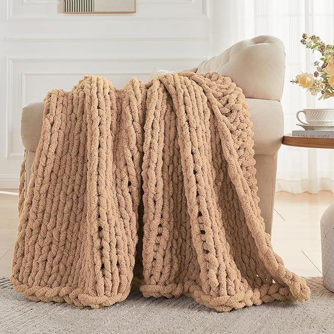 Carriediosa Chunky Knit Throw Blanket 50" X 60", 100% Hand Made Large Chenille Loop Yarn Soft Fluffy Throws for Couch Sofa Bed, Big Crochet Cozy Heavy Thick Cable Woven Blankets, Tan Brown-Ruum Studio Home