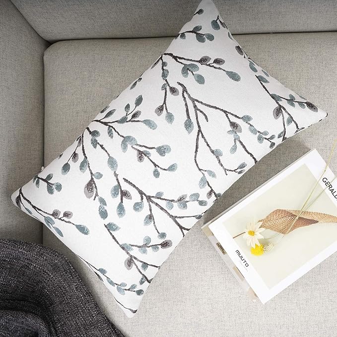 YOUR SMILE Classical Embroidery Jacquard Farmhouse Oblong Rectangle Chenille Teal Leaf Decorative Throw Pillow Case,12x20 inch-Ruum Studio Home