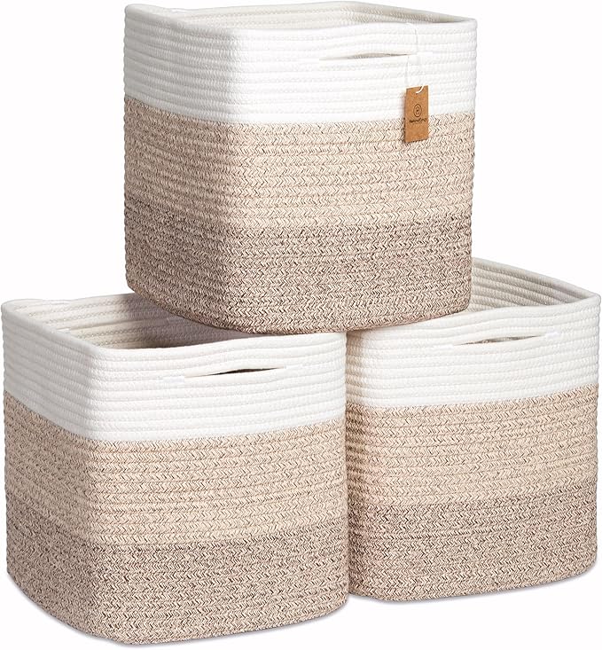 NaturalCozy Storage Cubes 11 Inch Cotton Rope Woven Baskets for Organizing, 3-Pack | Cube Storage Bin | Square Storage Baskets for Shelves Organizer, Classroom, Kids Toy Bins, Closet, Baby Nursery-Ruum Studio Home