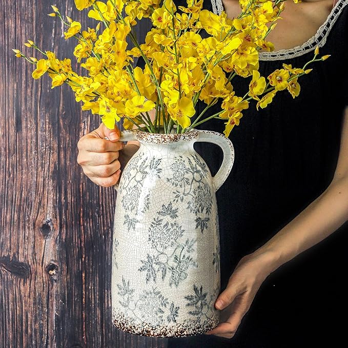 Enra Tall Vintage Blue and White Ceramic Vase with Handle, 11.2 Inch Chinoiserie Decorative Floral Vase, Large Rustic Ceramic Vase for Living Room, Office, Bookshelf, Home Decor-Ruum Studio Home