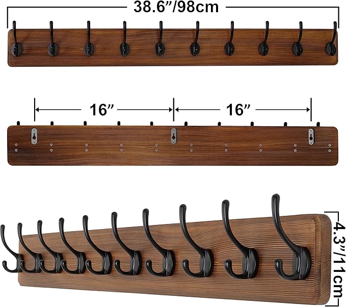SKOLOO Farmhouse Style Wall Mounted Coat Rack, 38.6'' Pine Solid Wood Coat Hook Hanger - 10 Hooks for Hanging Clothes Robes Towels Coats-Ruum Studio Home