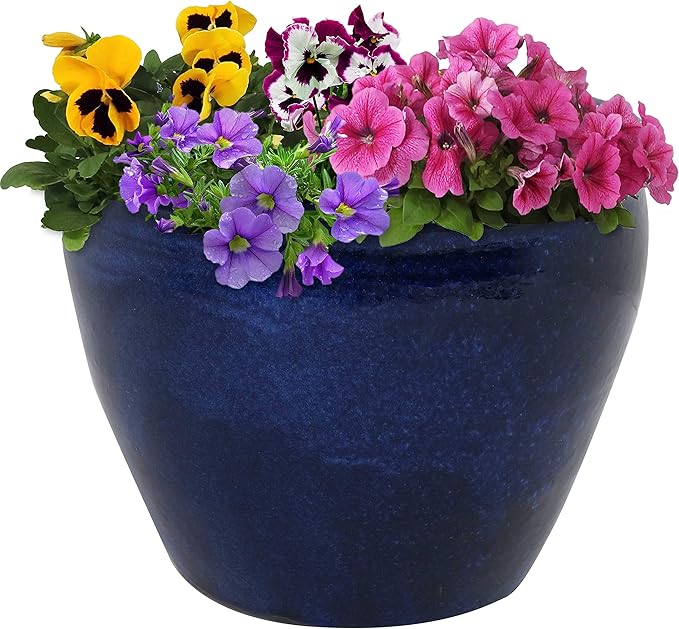 Sunnydaze Chalet Large Ceramic Plant Pot - Round Outdoor Glazed Ceramic Planter Pot with Drainage - Imperial Blue - 14.5"-Ruum Studio Home
