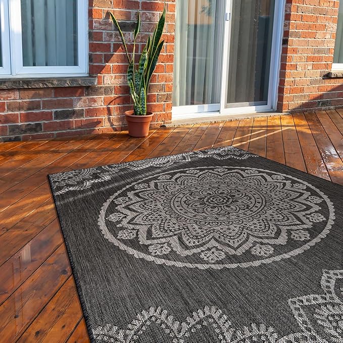 CAMILSON Outdoor Rug 6x9 Modern Area Rugs for Indoor and Outdoor Patios and Porches - Waterproof Washable Non-Shedding Easy-to-Clean Outside Carpet (6 x 9, Medallion - Dark Grey/Light Grey)-Ruum Studio Home