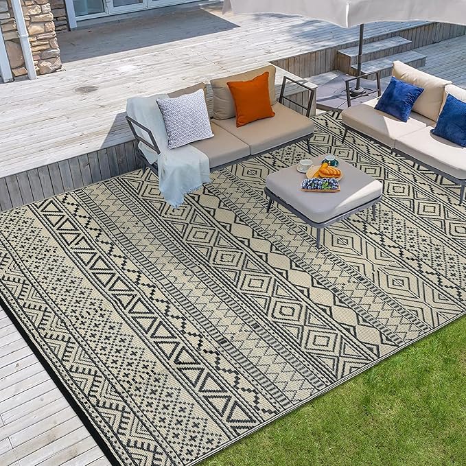 GAOMON Outdoor Rugs Patio Camping Waterproof Rug 6'x9' Plastic Straw Patio Rug Portable for Campers, Outside RVs Mat for Patios Clearance, Backyard Porch, Balcony, Black/Coffee(Bohemia)-Ruum Studio Home