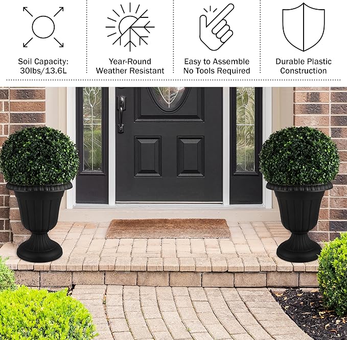Pure Garden Outdoor Planter 2-Pack - 16x18-Inch Urn Planters - Plastic Plant Pots for Indoor, Outdoor, or Front Porch Decor - Flower Pots (Black)-Ruum Studio Home