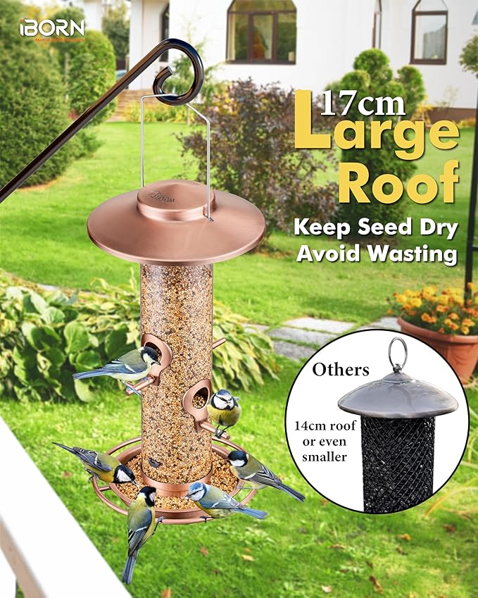 iBorn Bird Feeders for Outdoors, 2LB Metal Bird Feeders 17cm Large Roof &Tray, 4 Feeding Ports, Brushed Copper Finishing-Ruum Studio Home