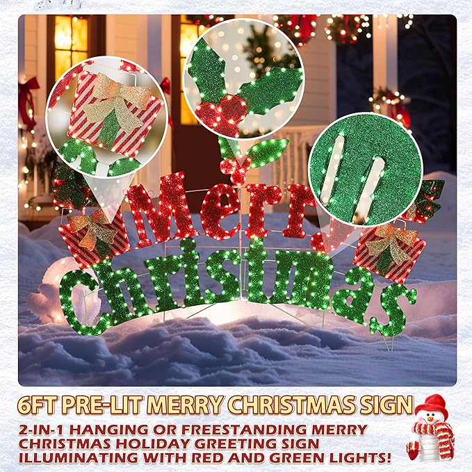 6FT Merry Christmas Sign for Decoration, 2-in-1 Pre-Lit Holiday Greeting Sign Decor with 456 LED Lights, Freestanding or Hanging Glittered Holiday Display for Outdoor, Indoor-Ruum Studio Home