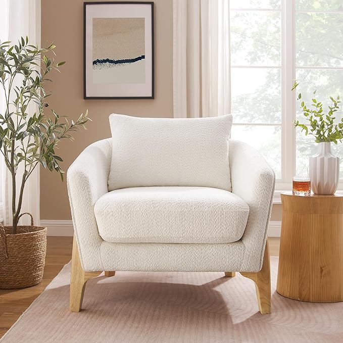 Accent Chair 31" Oversized Reading Chair Comfy Upholstered Boucle Lounge Armchair, Modern Living Room Chair with Back Pillow,Single Sofa Chair for Bedroom, Office (Beige)-Ruum Studio Home