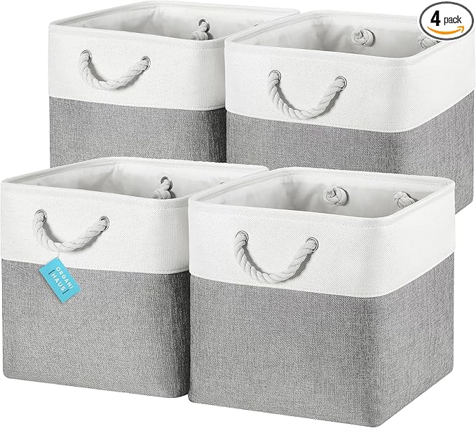OrganiHaus 13x13 Cube Storage Bins 4 Pack, Foldable Cube Storage Organizer w/ Rope Handles, Collapsible Fabric Bins for Toys, Clothes & Closet Organization, Fabric Square Baskets - Gray/White-Ruum Studio Home