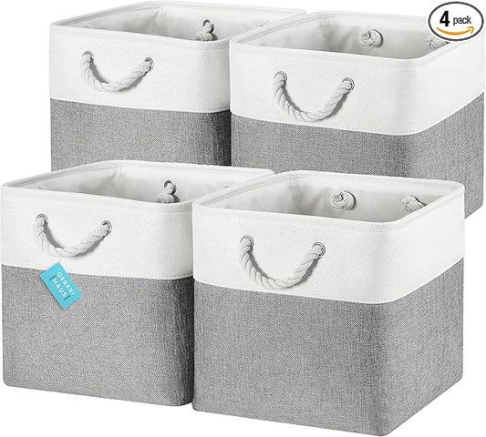 OrganiHaus 13x13 Cube Storage Bins 4 Pack, Foldable Cube Storage Organizer w/ Rope Handles, Collapsible Fabric Bins for Toys, Clothes & Closet Organization, Fabric Square Baskets - Gray/White-Ruum Studio Home