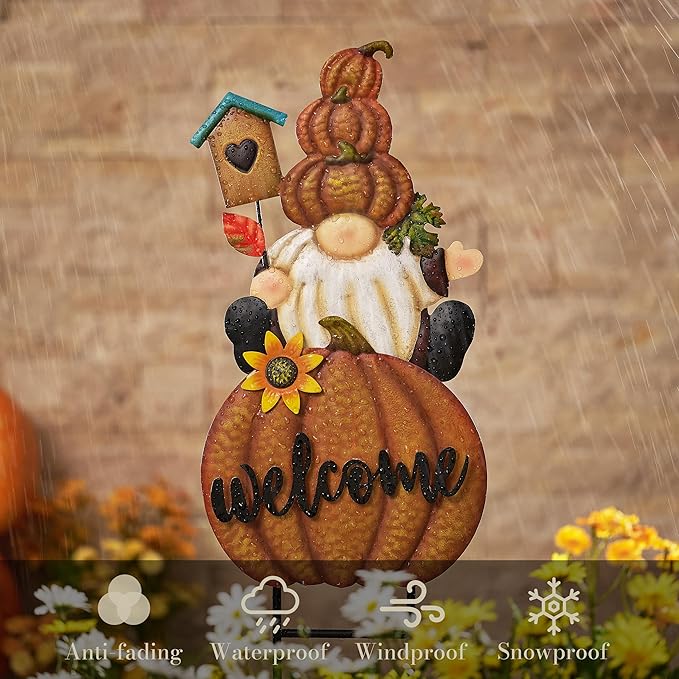 TERESA'S COLLECTIONS Fall Gnome Pumpkin Decorations for Outdoor Home, Metal Fall Decor Welcome Signs Stakes, Orange Autumn Yard Decor for Thanksgiving, Harvest Garden Patio Gift for Mom 25"-Ruum Studio Home