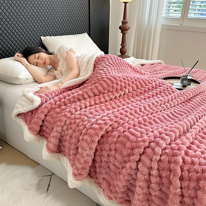 UKELER Sherpa Bed Blanket 80 × 90 inch, Ultra Soft Queen Size Throw Blankets for All Season, 470 GSM Cozy Plush Striped Fleece Blanket for Bedroom Living Room Dorm Hostel Sofa Camping, Pink-Ruum Studio Home
