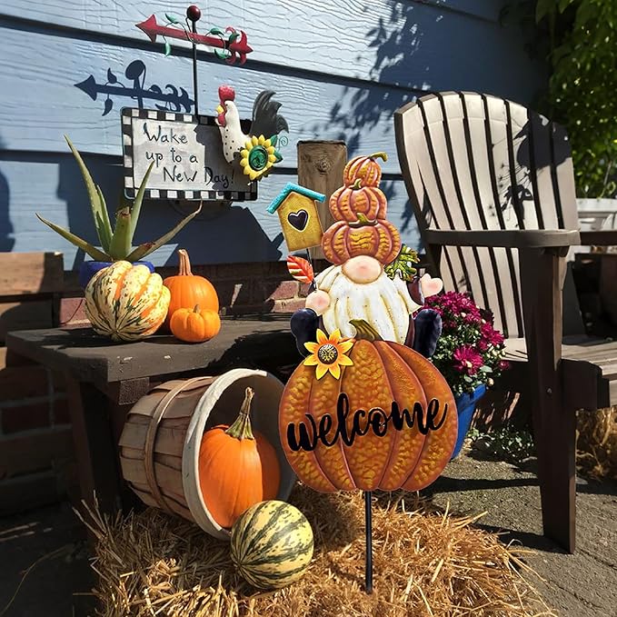 TERESA'S COLLECTIONS Fall Gnome Pumpkin Decorations for Outdoor Home, Metal Fall Decor Welcome Signs Stakes, Orange Autumn Yard Decor for Thanksgiving, Harvest Garden Patio Gift for Mom 25"-Ruum Studio Home