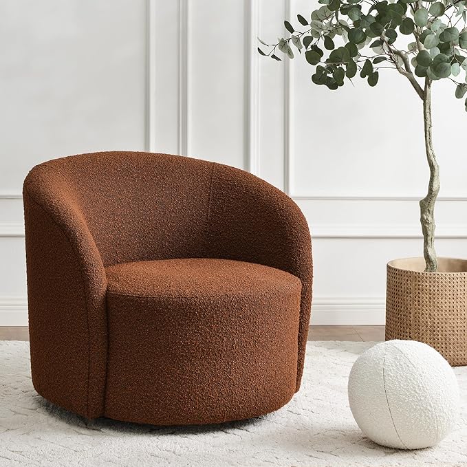 KINWELL Sherpa Swivel Barrel Chair & Round Ball Pillow Set - 34" Wide Modern Boucle Accent Chair with 9” Matching Nordic Decorative Throw Pillow for Living Room and Bedroom(Brown)-Ruum Studio Home