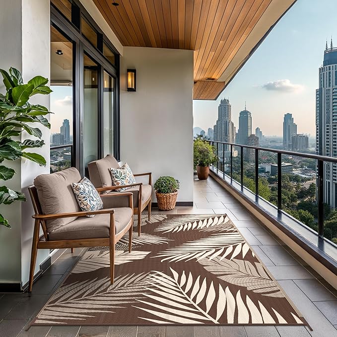 GENIMO Outdoor Rug 8' x 10' Waterproof for Patios Clearance, Reversible Outdoor Plastic Straw Camping Rug Carpet, Large Area Rugs Mats for RV, Camper, Deck, Balcony, Porch, Beach, Picnic, Coffee&Beige-Ruum Studio Home