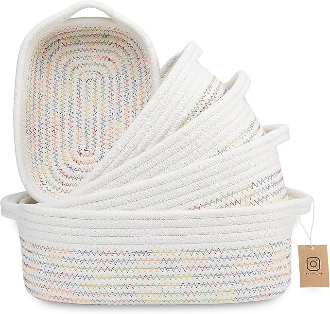 NaturalCozy 5-Piece Rectangle Storage Basket Set- Natural Cotton Rope Woven Baskets for Organizing! Small Basket for Montessori, Baby Nursery, Dog Toy Baskets, Cat Toy Box, Bathroom Organization Bin-Ruum Studio Home