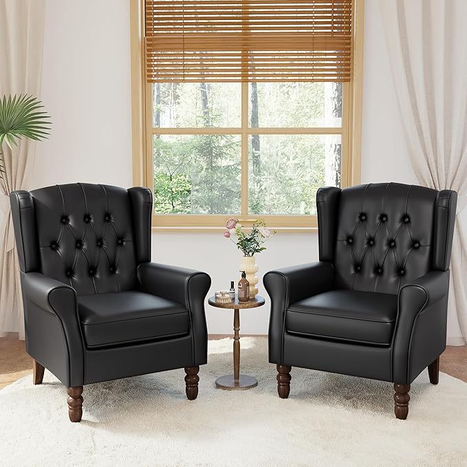 High Back Accent Chairs Set of 2,Upholstered Faux Leather Wingback Armchairs with Solid Wood Legs for Small Spaces,Comfy Single Sofa Chairs for Living Room,Bedroom-Carbon Black-Ruum Studio Home