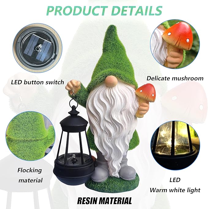 Solar Gnomes Garden Statues,Resin Gnome Figurine Holding Mushroom and Solar Lights Lantern,Outdoor Yard Art Decorations for Garden Patio Lawn-Ruum Studio Home