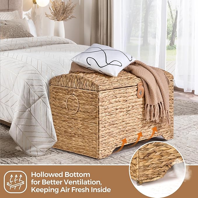 Handwoven Storage Basket with Lid, 178L Wicker Storage Bin, Natural Water Hyacinth, Leather Buckle & Metal Frame, Metal Ring Handles for Easy Transport, Storage Chest & Trunk for Bedroom, Living Room-Ruum Studio Home