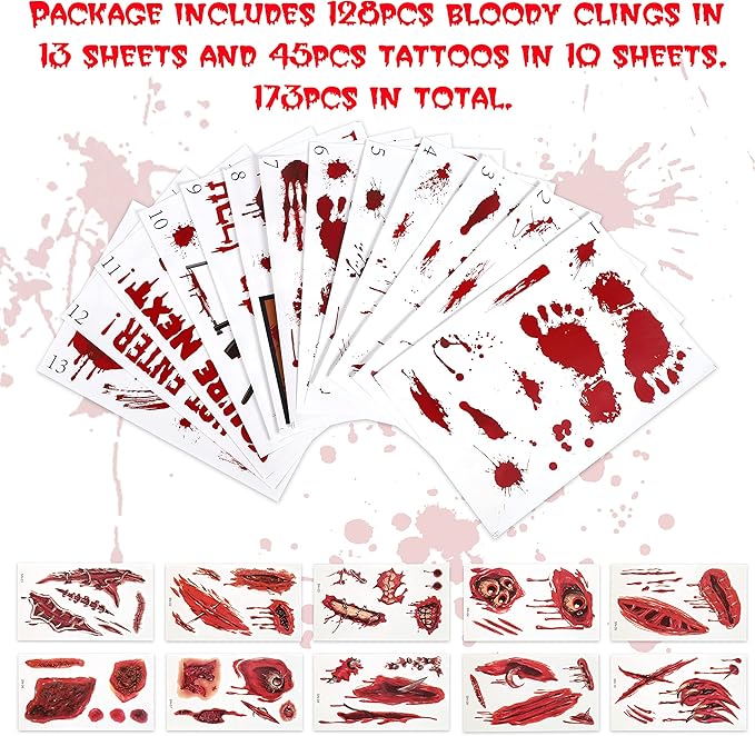 173PCS Halloween Bloody Footprints Floor Clings Plus Tattoos - Hallowmas Handprint Zombie Restroom Sign Decals Party Decorations-Ruum Studio Home