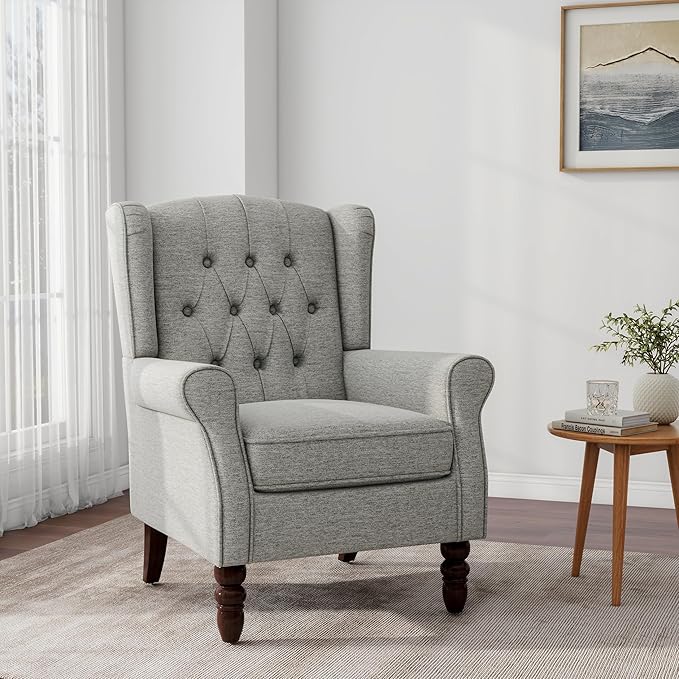 Accent Chair, Upholstered Armchair with Button Tufted High Back & Solid Wood Legs, Comfy Wingback Reading Single Sofa Chair for Small Spaces, Living Room, Bedroom (Light Grey, Set of 2)-Ruum Studio Home