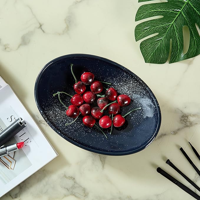 Oval Ceramic Decorative Bowl, Key Dish for Entryway Table, Small Home Decor Accent, Trinket Tray for Office Home Decor Gift (10'' Starrysky Blue with Glaze Layer)-Ruum Studio Home