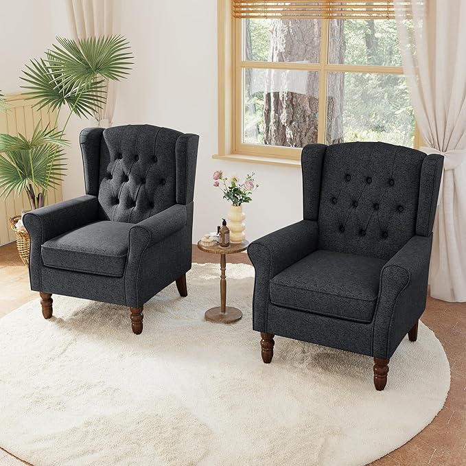 Lumibee High Back Accent Chair Set of 2,Upholstered Wingback Armchair with Solid Wood Legs for Small Spaces,Comfy Single Sofa Chair for Living Room,Bedroom,Office-Black Blue-Ruum Studio Home