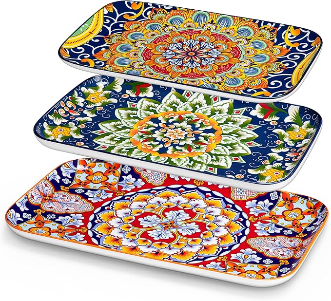 vancasso Serving Platters Set of 3, 16"/14"/12" Inch Rectangular Trays - Serving Platter Extra Large, Bohemian Ceramic Serving Dish for Entertaining Food, Microwave & Dishwasher Safe, Colorful-Ruum Studio Home