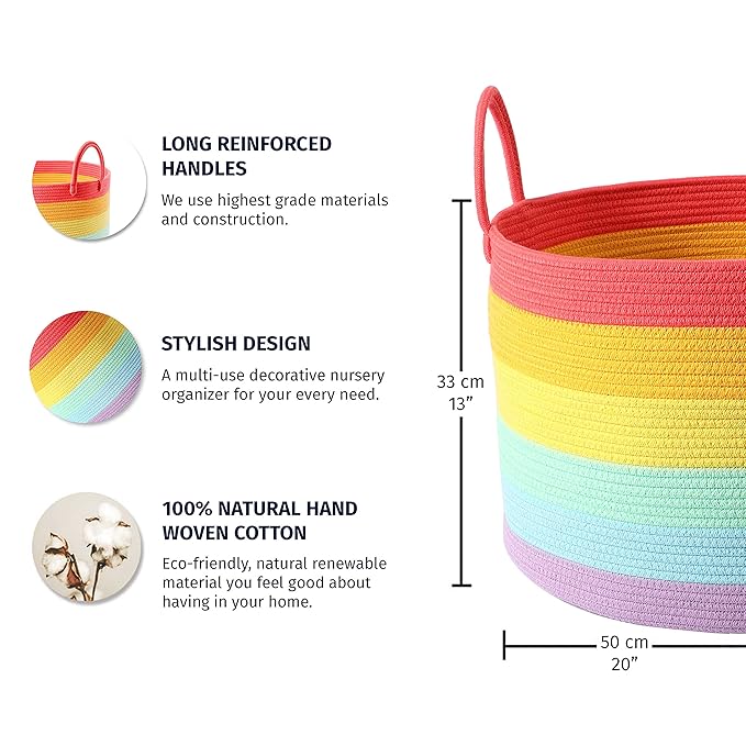 OrganiHaus Large Blanket Basket for Living Room 20x13, Rainbow Rope Basket for Classroom Organization, Toy Storage Basket, Woven Kids Laundry Basket, Baby Toy Box, Cute Storage Basket, Nursery Hamper-Ruum Studio Home