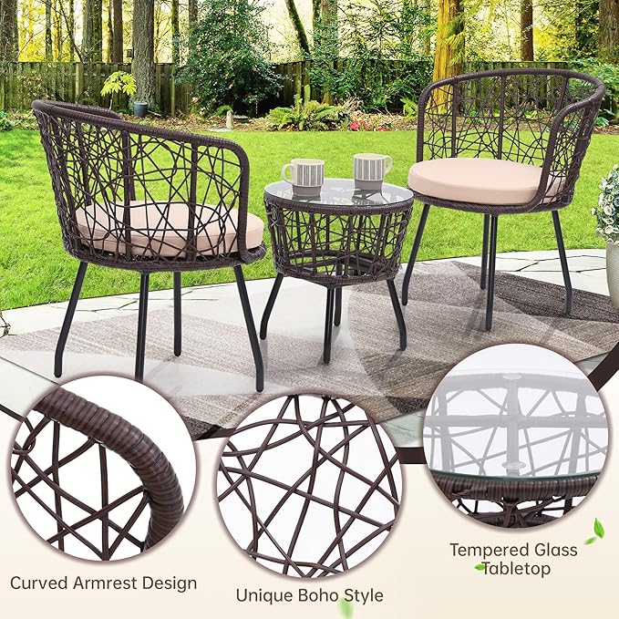 Kromax 3 Piece Bistro Set, Modern Outdoor Wicker Patio Furniture with Tempered Glass Table Top and 2 Chairs, Washable Cushions, Brown Rattan and Begie Cushion-Ruum Studio Home