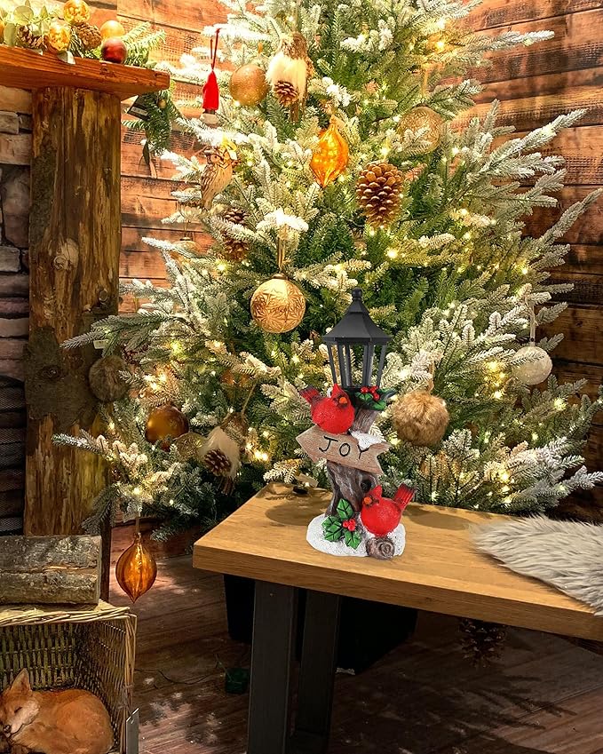 iStatue Lighted Cardinal Christmas Ornaments - 10’’ Resin 2 Red Birds Joy Lamp Post Figurine with Candle Lantern - Unique Xmas Decorations Indoor Decor Gift (Cardinal)-Ruum Studio Home