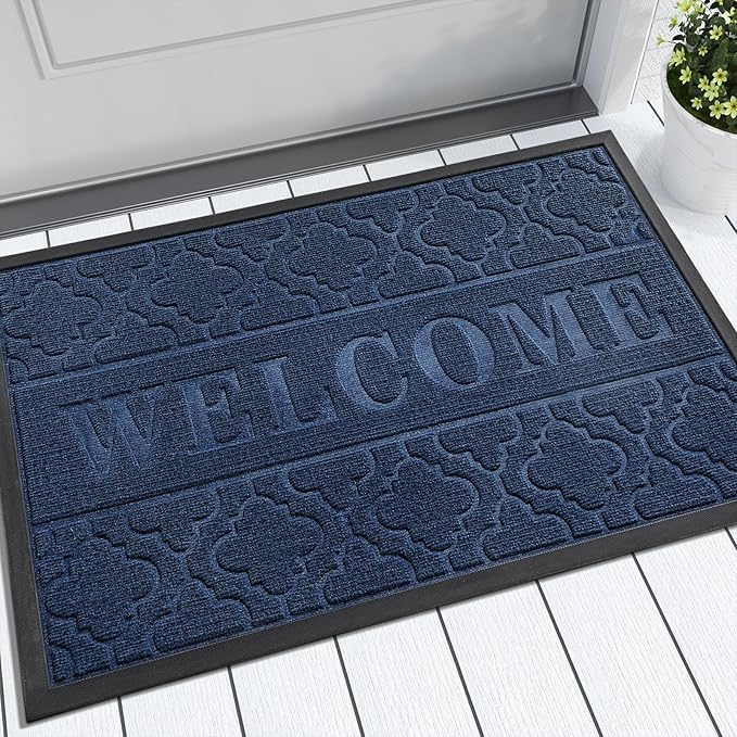 Yimobra Welcome Matt Outdoor Indoor 29.5x17, All-Weather Waterproof Front Door Mat, Non-Slip Low Profile Porch Patio Entrance Doormat, Blue-Ruum Studio Home