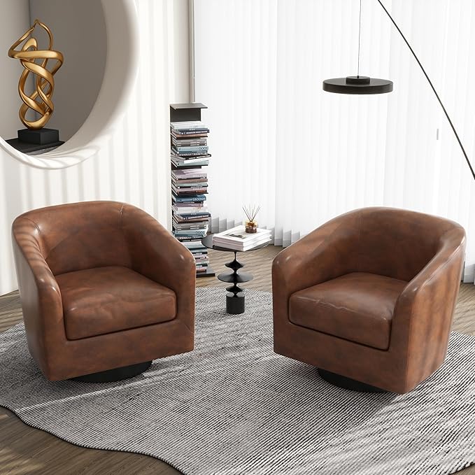 Swivel Barrel Accent Chair, Modern Round Faux Leather Arm Chair for Living Room, Bedroom, Comfy Club Reading Chairs for Adults(Faux Leather, Coffee, Set of 2)-Ruum Studio Home