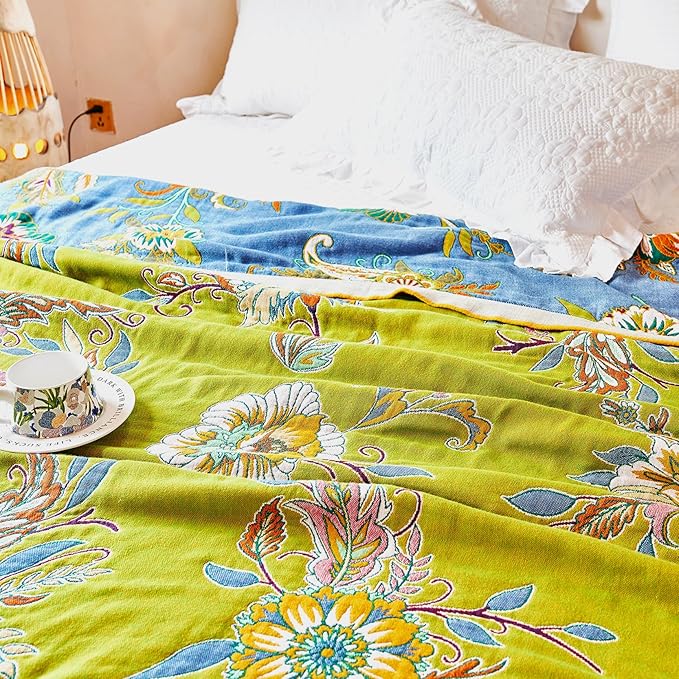 Boho Throw Blanket 80" x 90", 100% Organic Cotton Breathable Ultra Soft Bed Quilt Throw - All Season Luxury Floral Farmhouse Decor Blanket for Sofa Couch Chair and Gift. Green/Blue-Ruum Studio Home