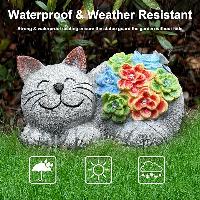Otdair Solar Garden Decor Cat, Cat Lover Gifts with Succulent and 7 LED Lights for Outside,Outdoor Solar Lights for Yard, Garden and Patio, Unique Gift for Women-Ruum Studio Home