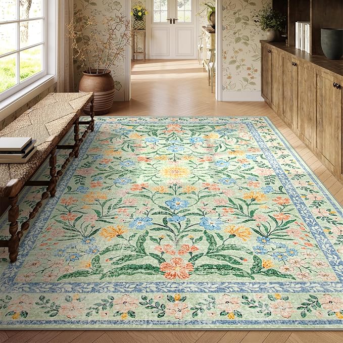 Wonnitar 10x14 Machine Washable Area Rugs, Green Floral Large Rugs for Living Room, Ultra-Thin Foldable Boho Flower Print Bedroom Carpet for Dorm Apartment Office-Ruum Studio Home