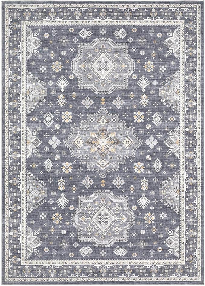 Washable Area Rugs for Living Room - 7x9 Neutral Vintage Distressed Floral Farmhouse Boho Large Soft Floor Rug Indoor Non Slip Carpet for Living Room Bedroom Dining Room Office - Denim Blue/Grey-Ruum Studio Home